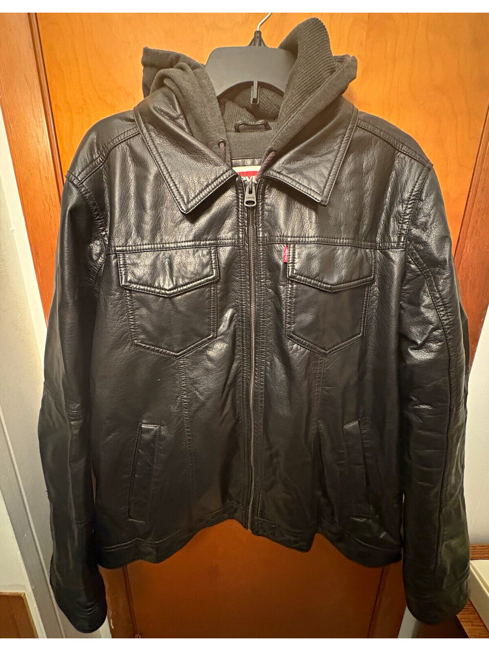 Levi’s Black Faux Leather Hooded Jacket Men’s Large